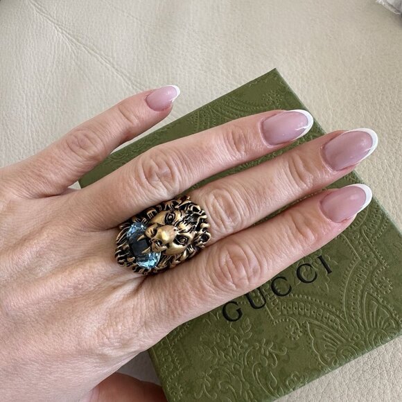 NEW Gucci Lion Head Gold Ring Blue Aquamarine Stone Size 16 IT 7.5 US - Picture 9 of 11